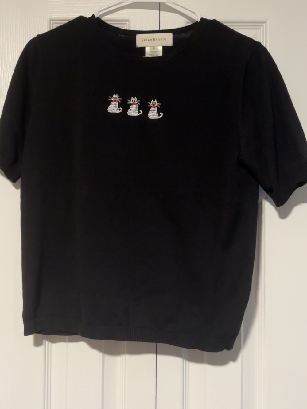 Vintage Susan Bristol Beaded Cat T-Shirt size Small